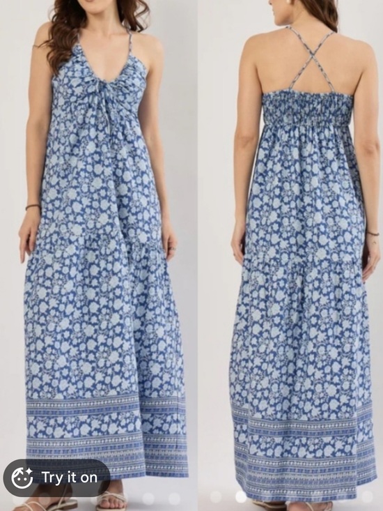 Sim & Sam Dresses & Skirts - Sim & Sam Maxi Dress XL Blue White Floral Sundress V-Neck Strappy Coastal Boho